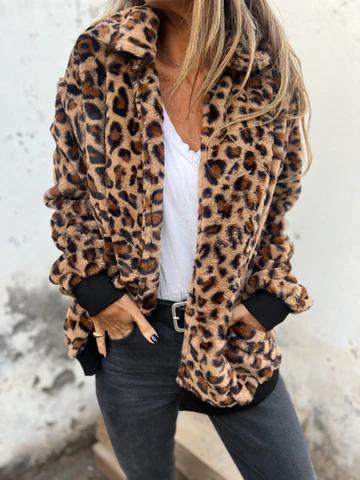 Women's Lapel Leopard Print Long Sleeve Thick Coat