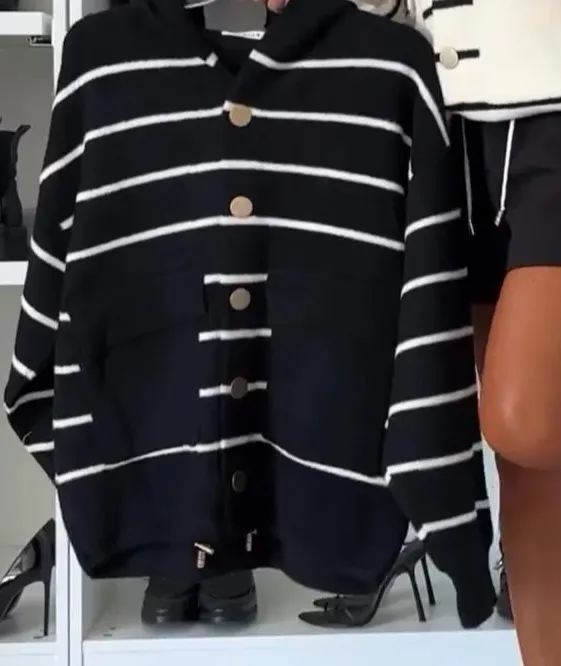 Women's Hooded Long-sleeved Striped Sweater Jacket
