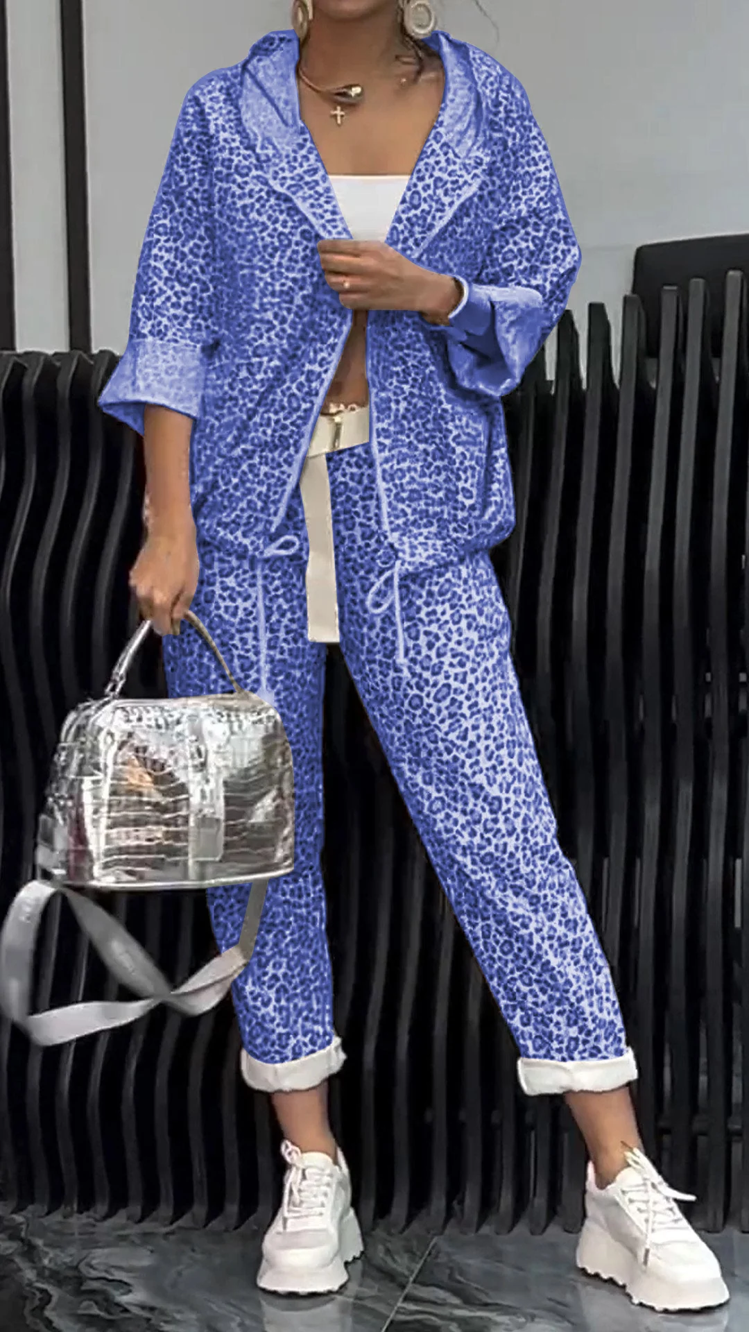 Women's Leopard-print Cardigan Short Suit