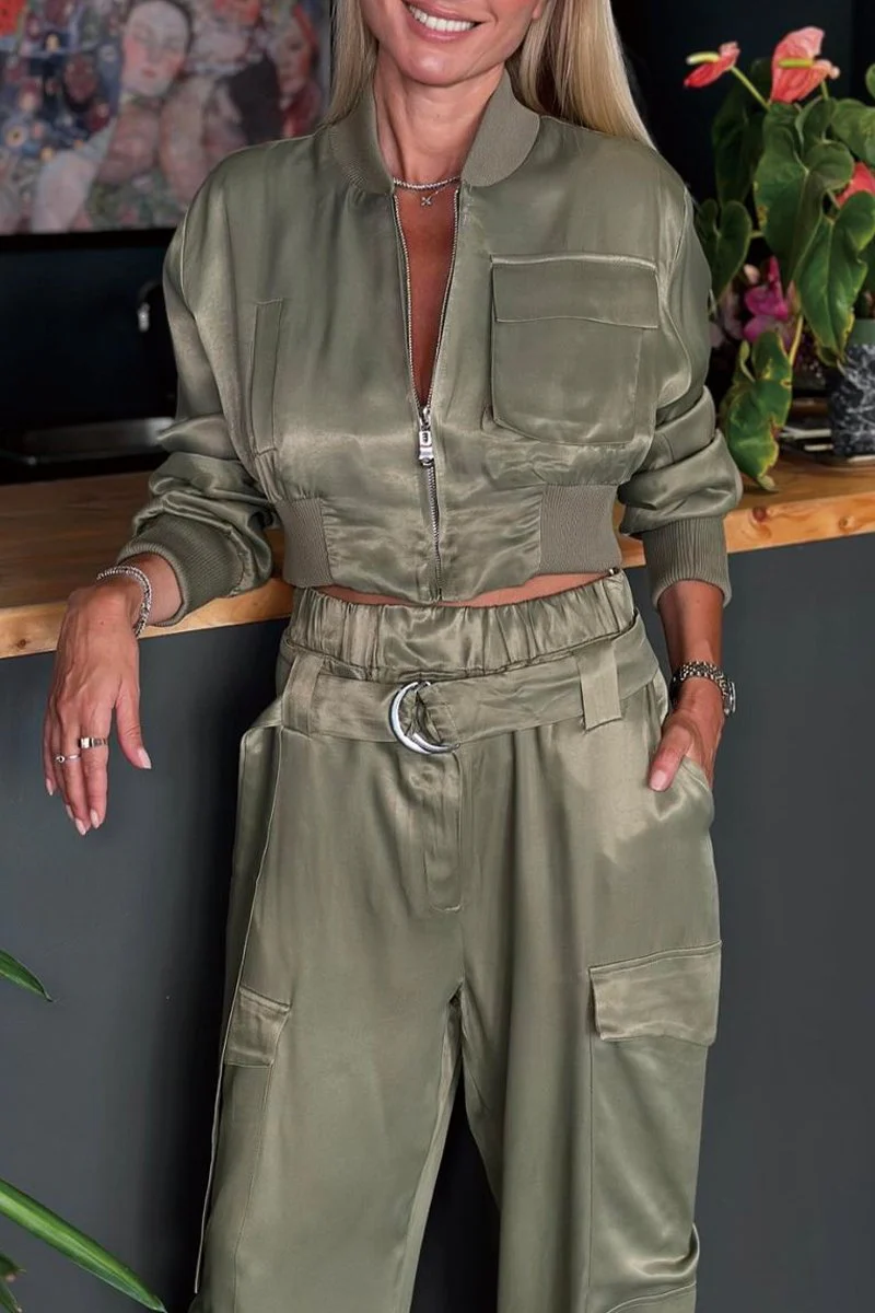 Women's Solid Satin Zipper Detail Jacket Pants Set